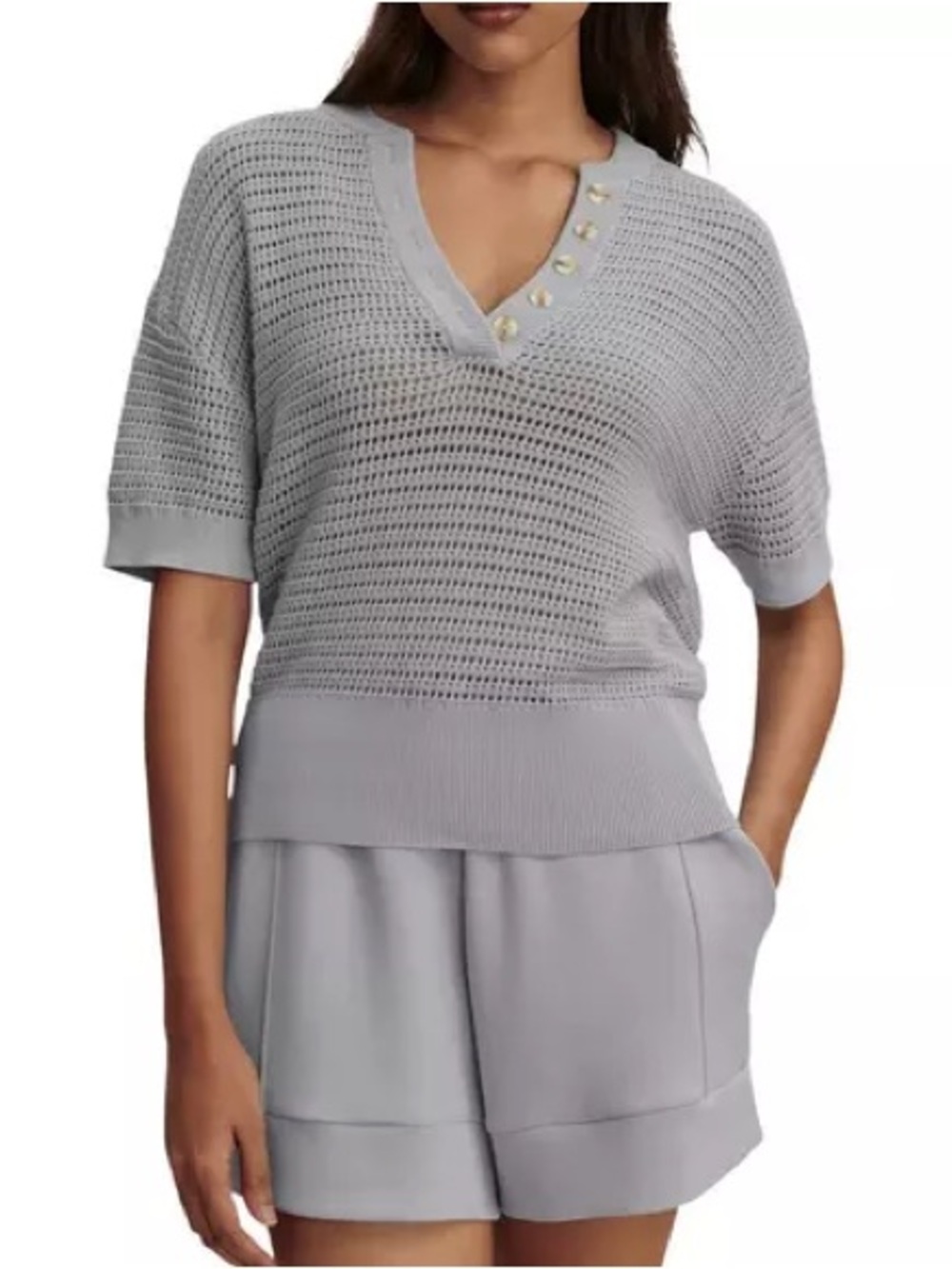 Varley Light Gray Knit V-Neck Short Sleeve Top with Button Detail